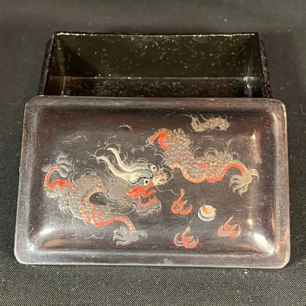 Vintage Japanese Lacquer Dragon Trinket Box | Black & Red Hand Painted Box